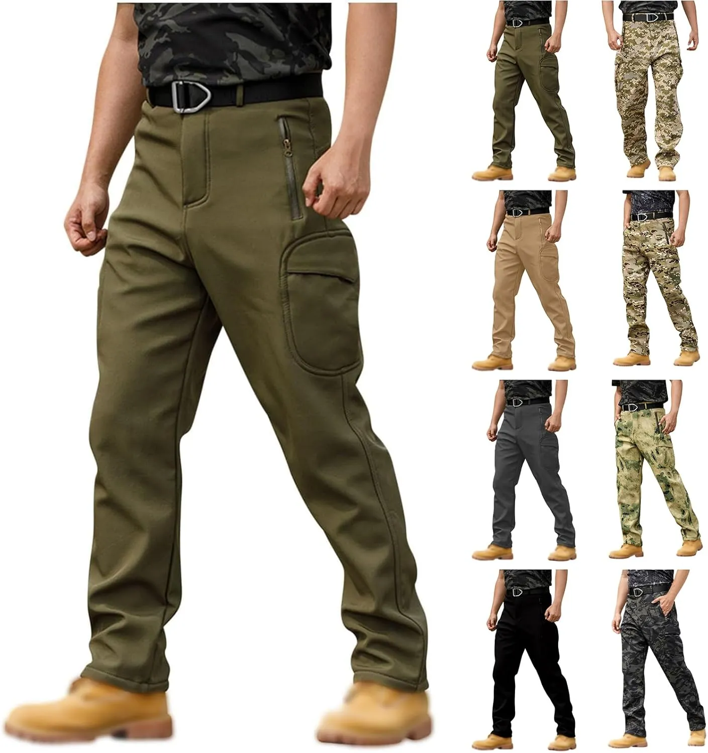 Men's Tactical Pants Softshell Fleece Lined Cargo Pant Warm Water Resistant Ripstop Cargo Pants Camo Hiking Pants