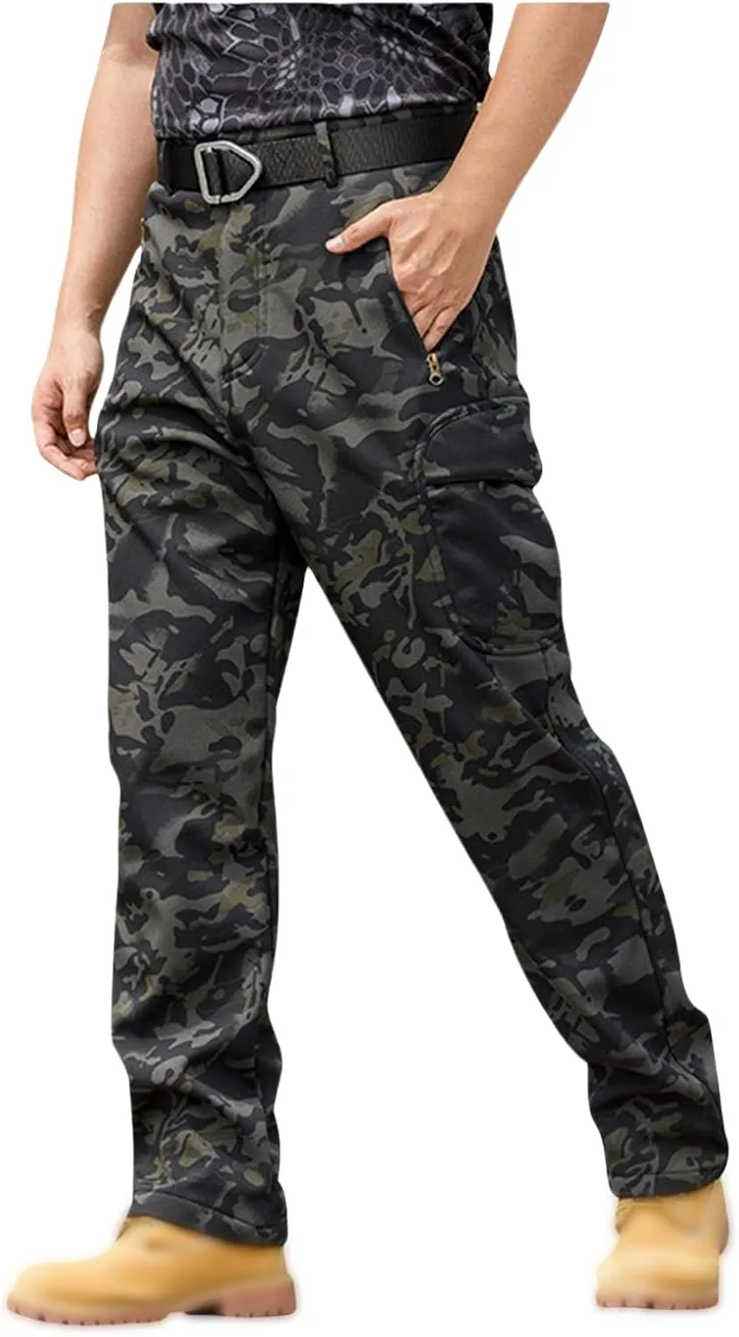 Men's Tactical Pants Softshell Fleece Lined Cargo Pant Warm Water Resistant Ripstop Cargo Pants Camo Hiking Pants