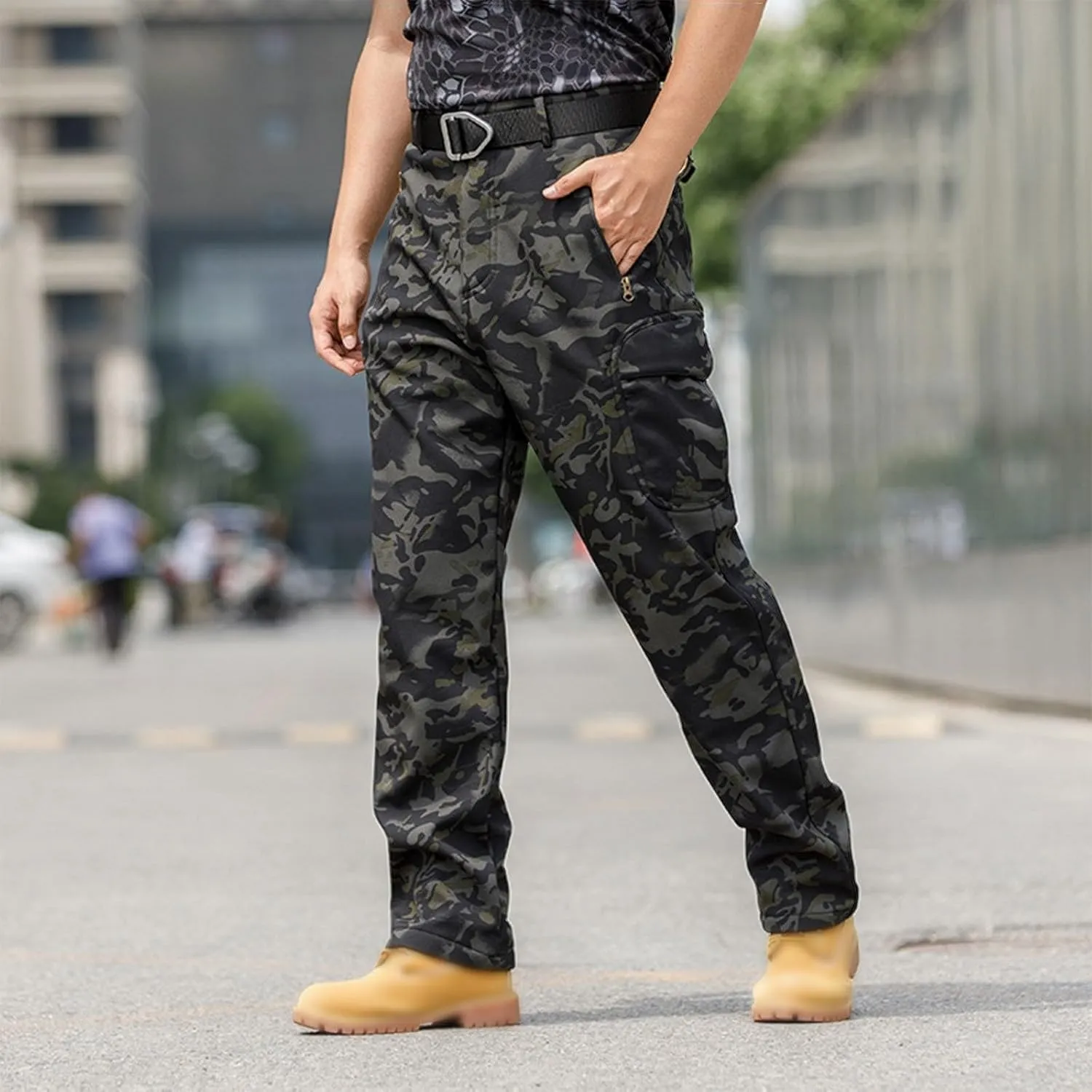 Men's Tactical Pants Softshell Fleece Lined Cargo Pant Warm Water Resistant Ripstop Cargo Pants Camo Hiking Pants