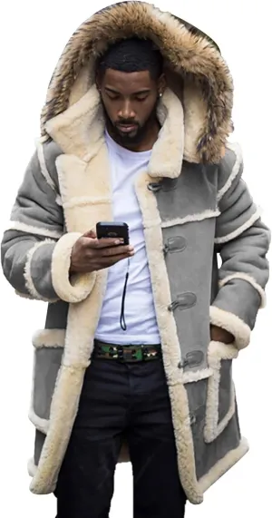 Mens Winter Warm Hodded Coat Oversize Thicken Fleece Lined Long Trench Jacket Plus Size Colorblock Shearling Outwear