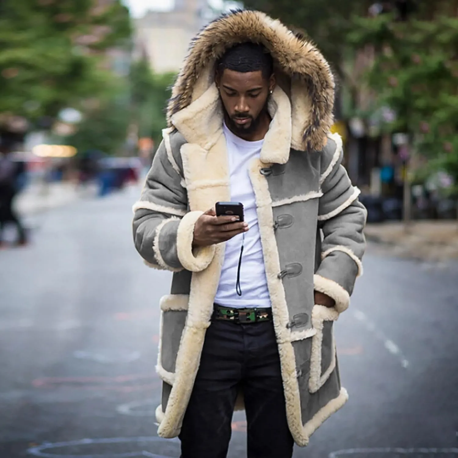 Mens Winter Warm Hodded Coat Oversize Thicken Fleece Lined Long Trench Jacket Plus Size Colorblock Shearling Outwear