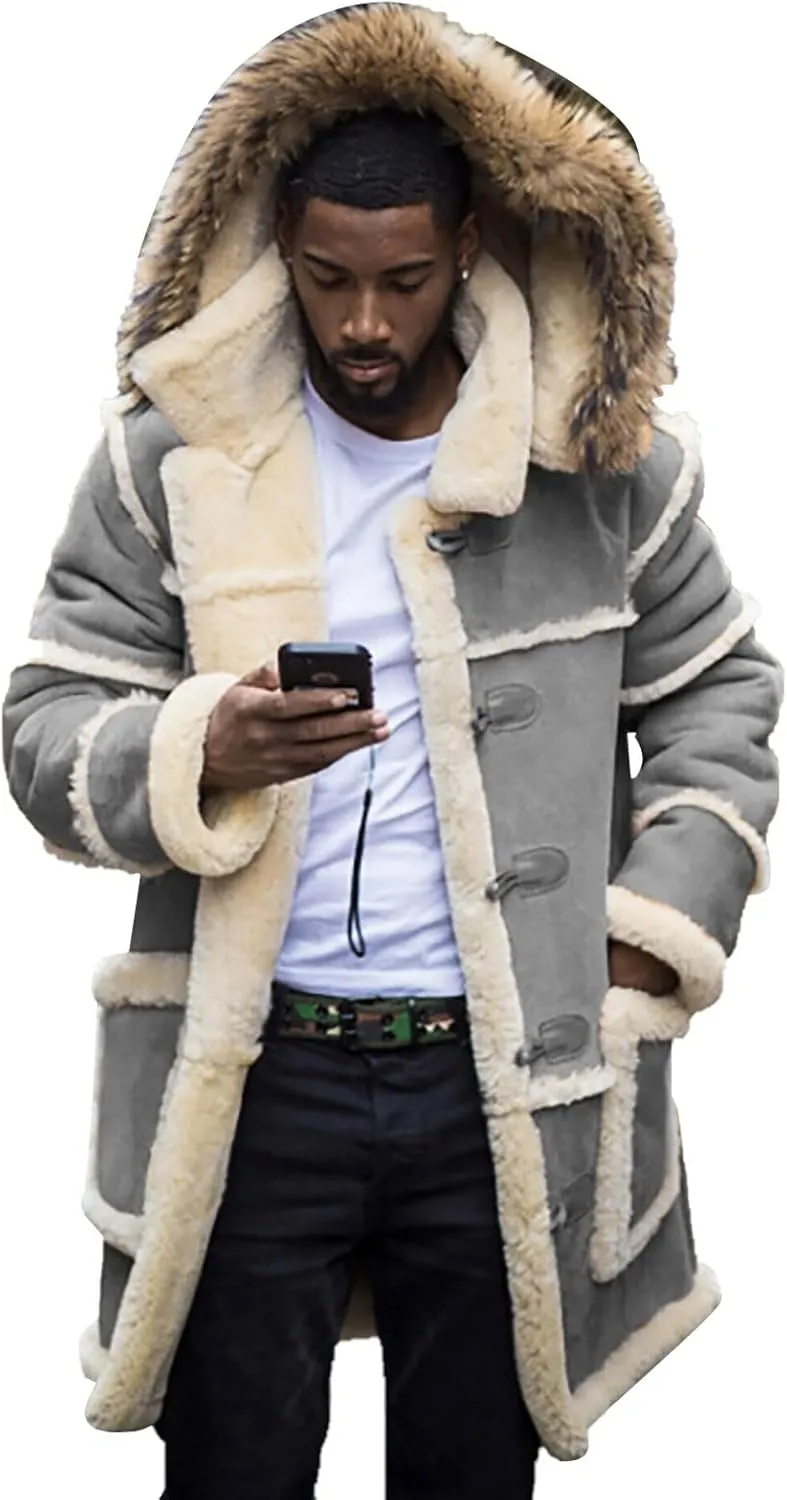 Mens Winter Warm Hodded Coat Oversize Thicken Fleece Lined Long Trench Jacket Plus Size Colorblock Shearling Outwear