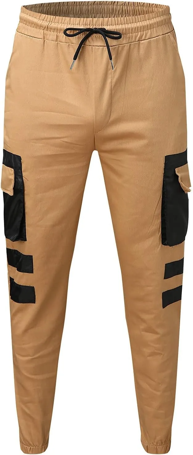 Mens Workout Cargo Sweatpants Pockets Pant Mens Cotton Linen Pants Loose Casual Lightweight Elastic Waist Drawstring
