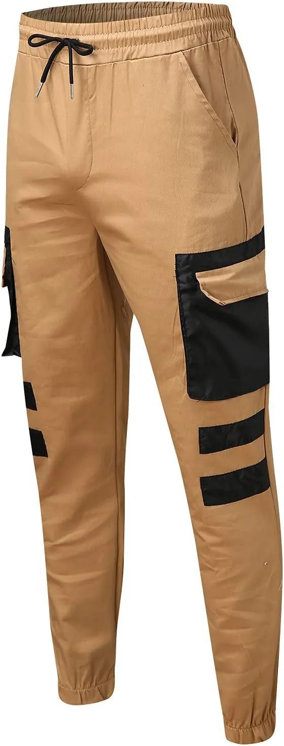 Mens Workout Cargo Sweatpants Pockets Pant Mens Cotton Linen Pants Loose Casual Lightweight Elastic Waist Drawstring