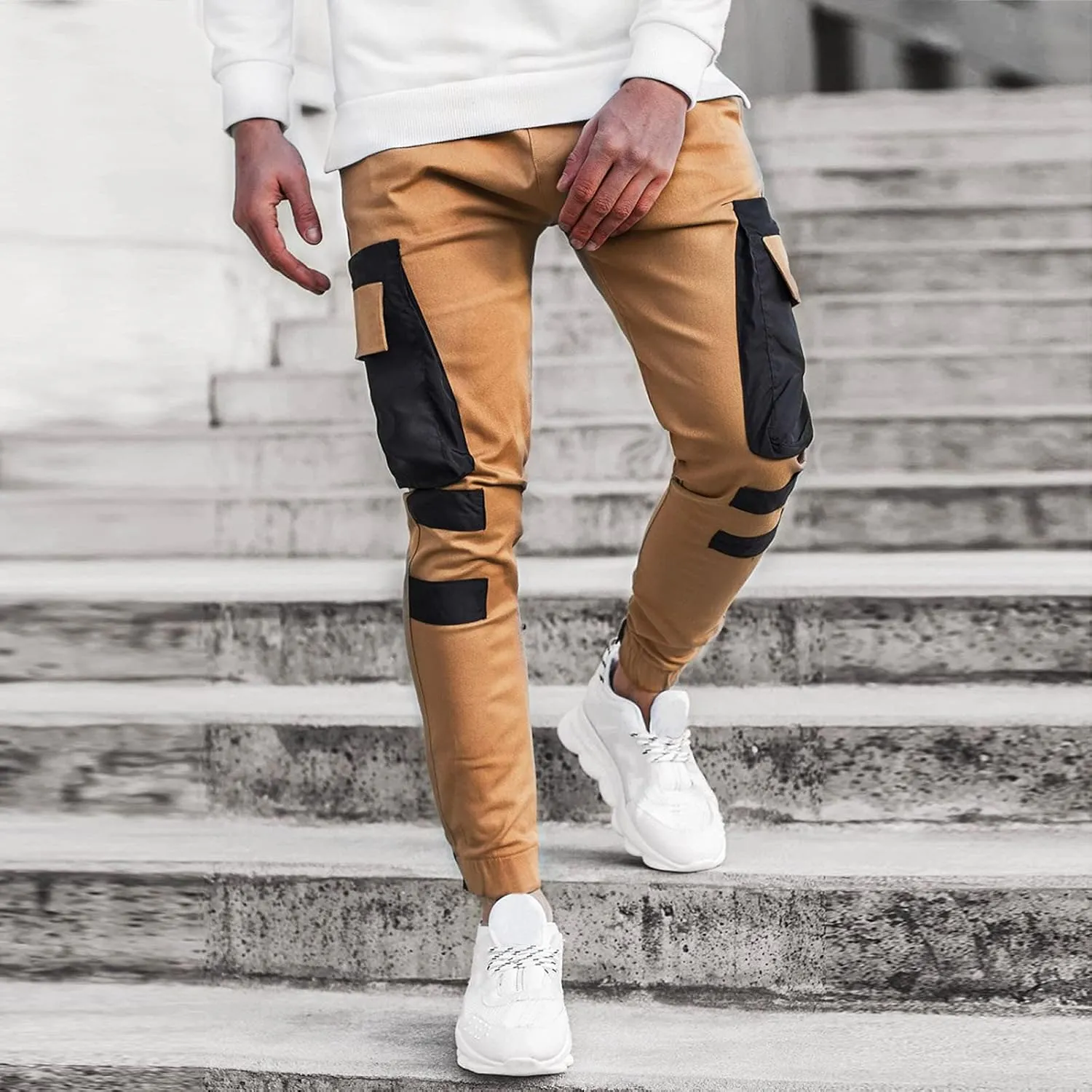 Mens Workout Cargo Sweatpants Pockets Pant Mens Cotton Linen Pants Loose Casual Lightweight Elastic Waist Drawstring