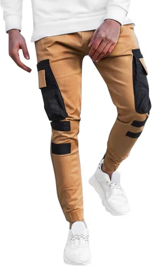 Mens Workout Cargo Sweatpants Pockets Pant Mens Cotton Linen Pants Loose Casual Lightweight Elastic Waist Drawstring