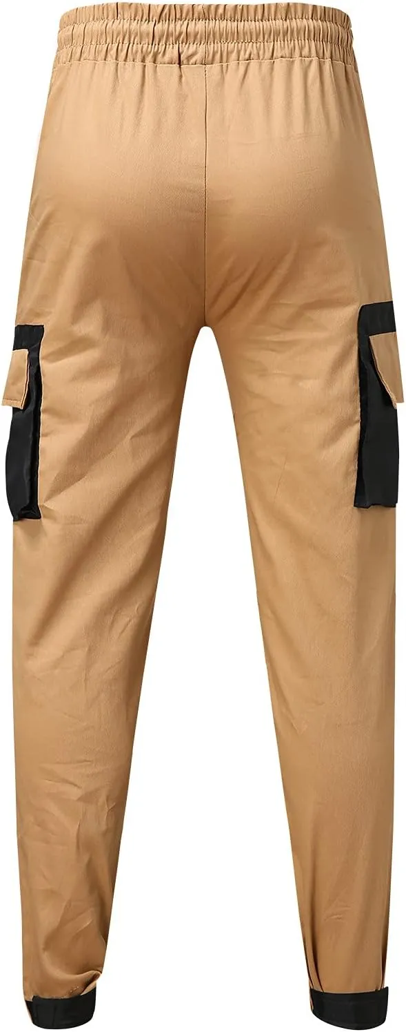 Mens Workout Cargo Sweatpants Pockets Pant Mens Cotton Linen Pants Loose Casual Lightweight Elastic Waist Drawstring