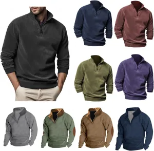 Men's Zip Collar Sweater Activewear Solid Vintage Jackets Long Sleeve Comfort Warm Sweatshirts with Elbow Patches