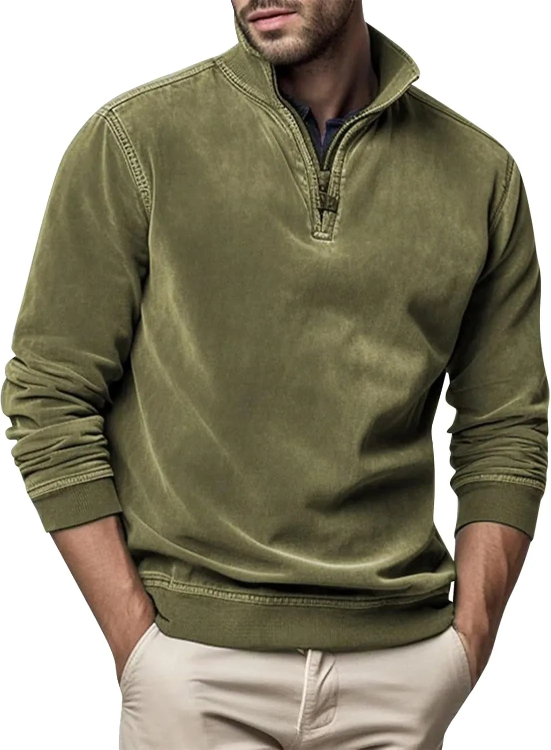 Men's Zip Collar Sweater Activewear Solid Vintage Jackets Long Sleeve Comfort Warm Sweatshirts with Elbow Patches