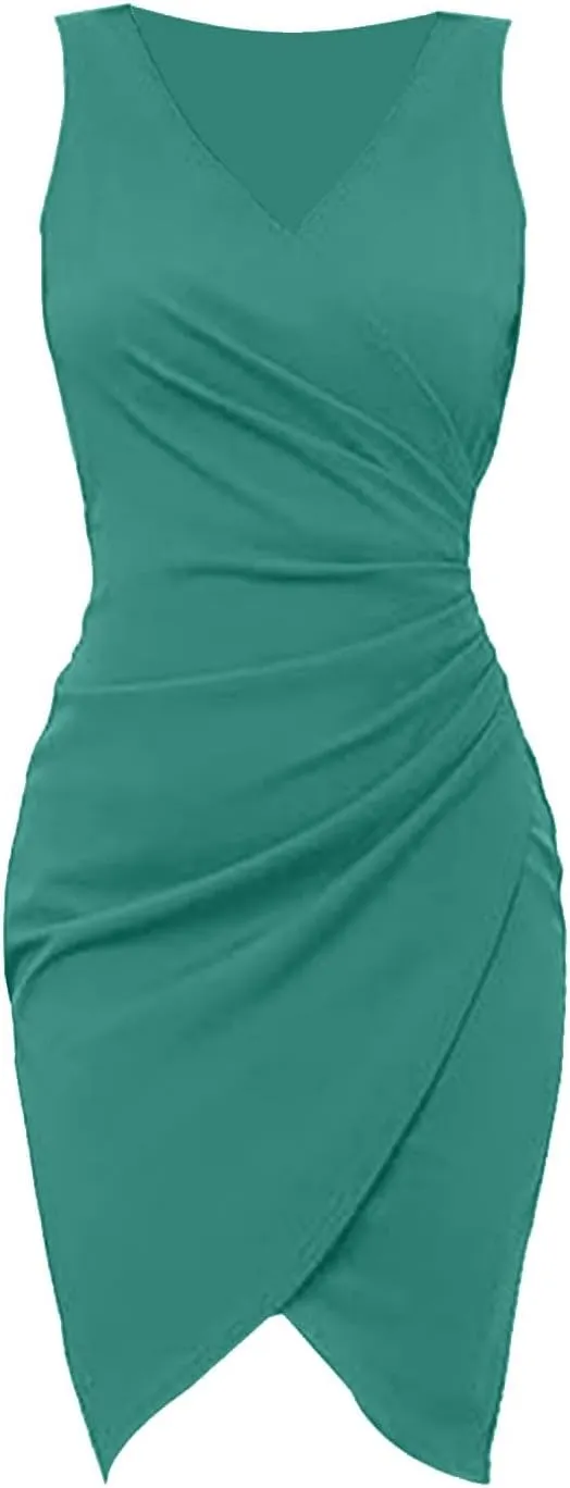 midelxp Cocktail Dresses for Women Elegant Ruched Wrap V Neck Bodycon Dresses Summer Tank Dresses for Wedding Guest 2024