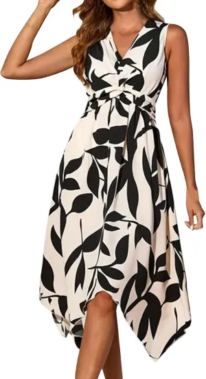 Midi Dresses for Women Summer Floral Sleeveless V Nevk Tie Wrap Dress Skin Friendly Irregular Casual Beach Sundress