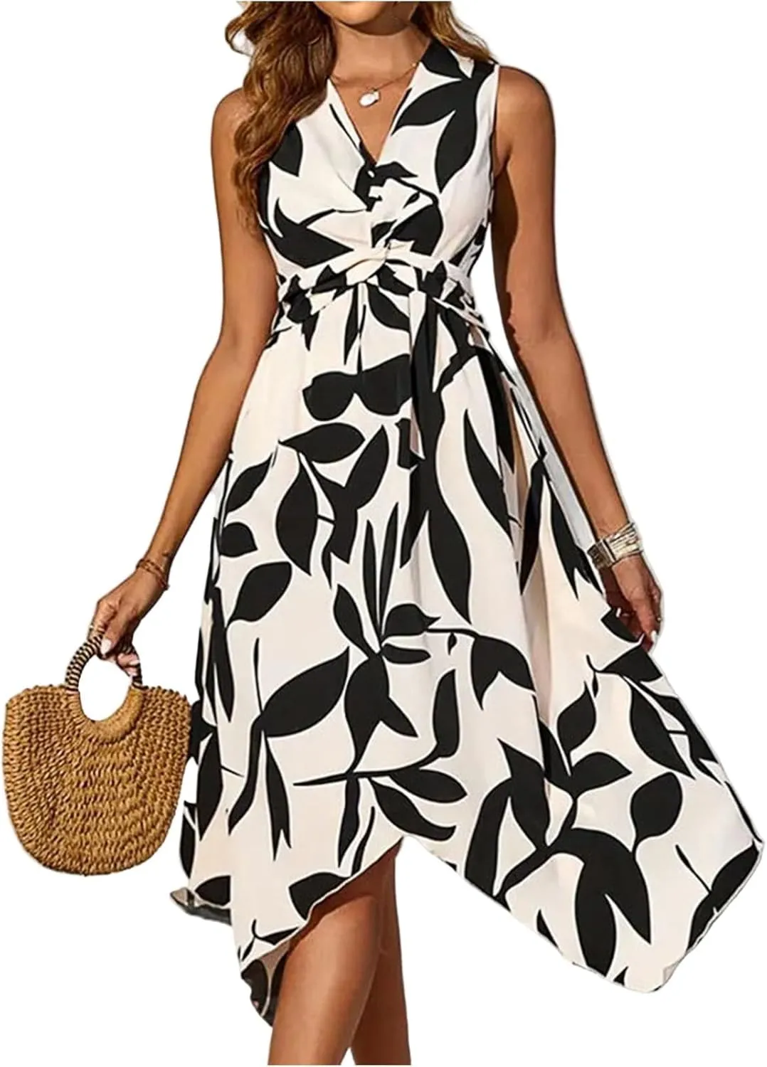 Midi Dresses for Women Summer Floral Sleeveless V Nevk Tie Wrap Dress Skin Friendly Irregular Casual Beach Sundress