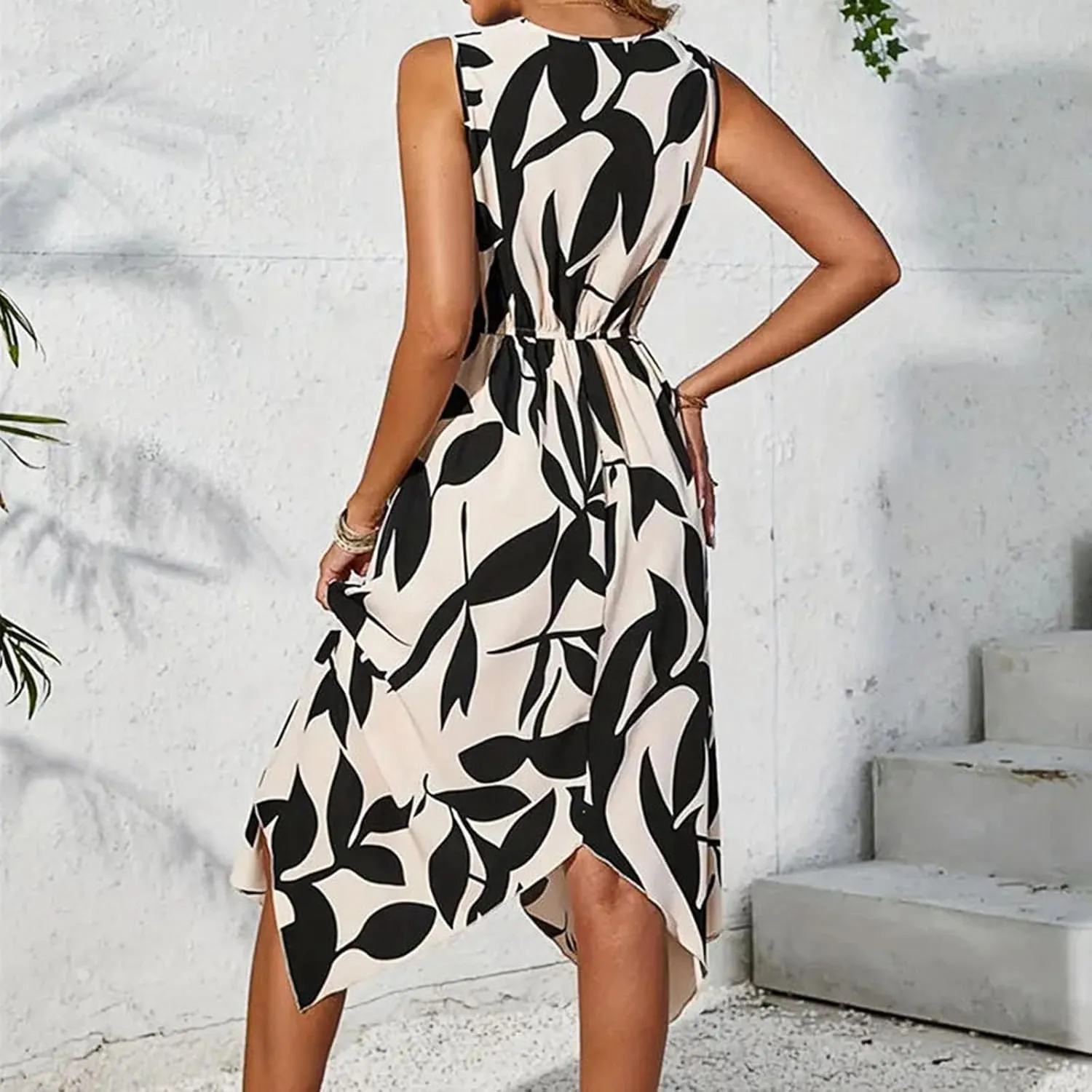 Midi Dresses for Women Summer Floral Sleeveless V Nevk Tie Wrap Dress Skin Friendly Irregular Casual Beach Sundress