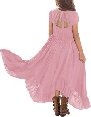 MITILLY Girls Boho Lace Flower Backless Crew Neck Long Sleeve Ruffle Swing Maxi Dress with Pockets