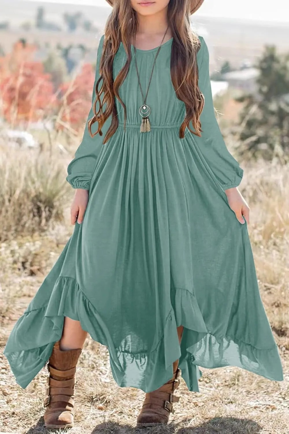 MITILLY Girls Boho Lace Flower Backless Crew Neck Long Sleeve Ruffle Swing Maxi Dress with Pockets