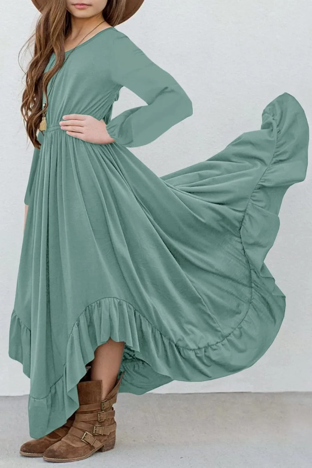 MITILLY Girls Boho Lace Flower Backless Crew Neck Long Sleeve Ruffle Swing Maxi Dress with Pockets