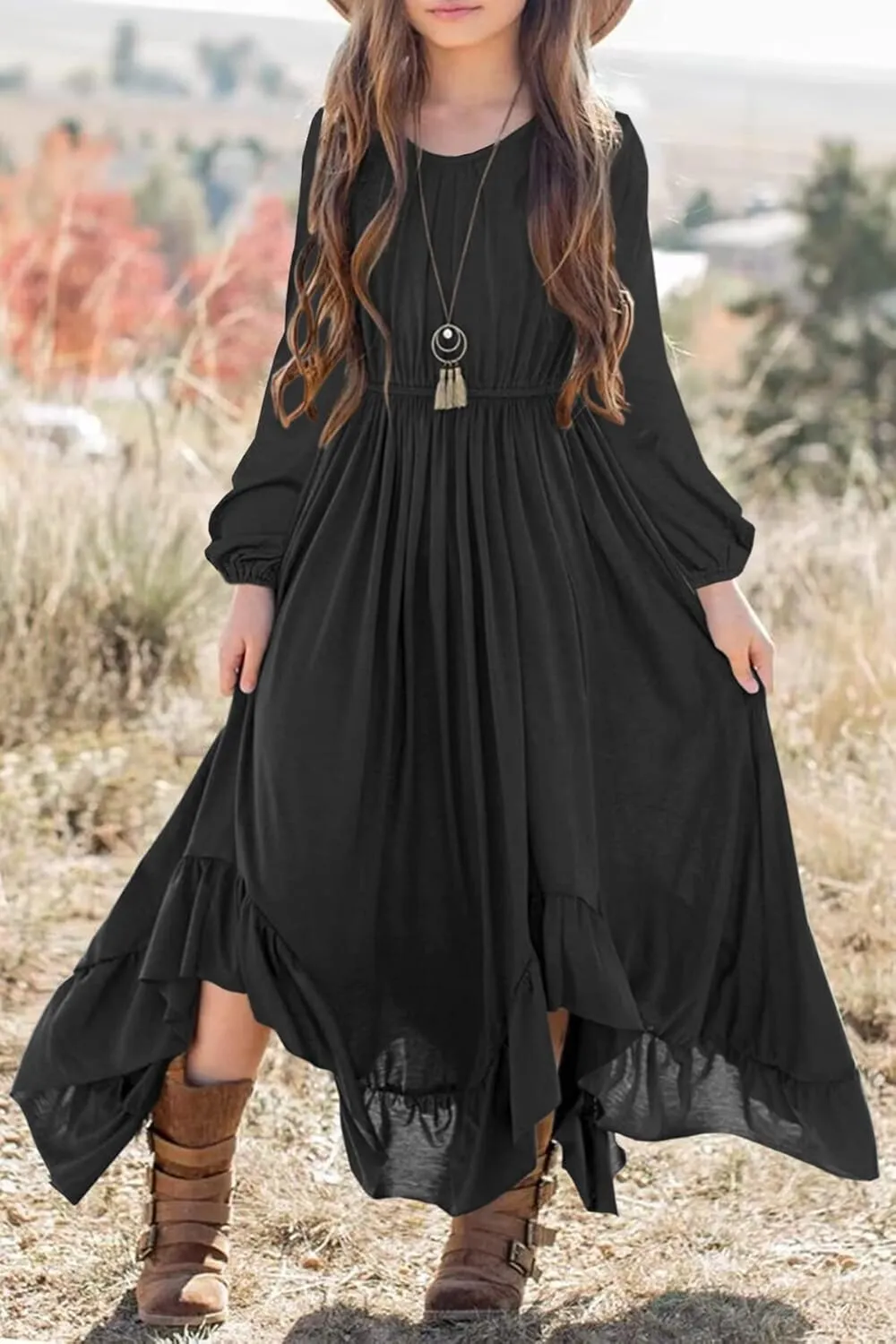 MITILLY Girls Boho Lace Flower Backless Crew Neck Long Sleeve Ruffle Swing Maxi Dress with Pockets