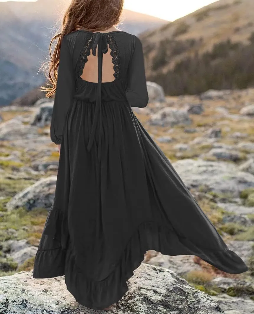 MITILLY Girls Boho Lace Flower Backless Crew Neck Long Sleeve Ruffle Swing Maxi Dress with Pockets