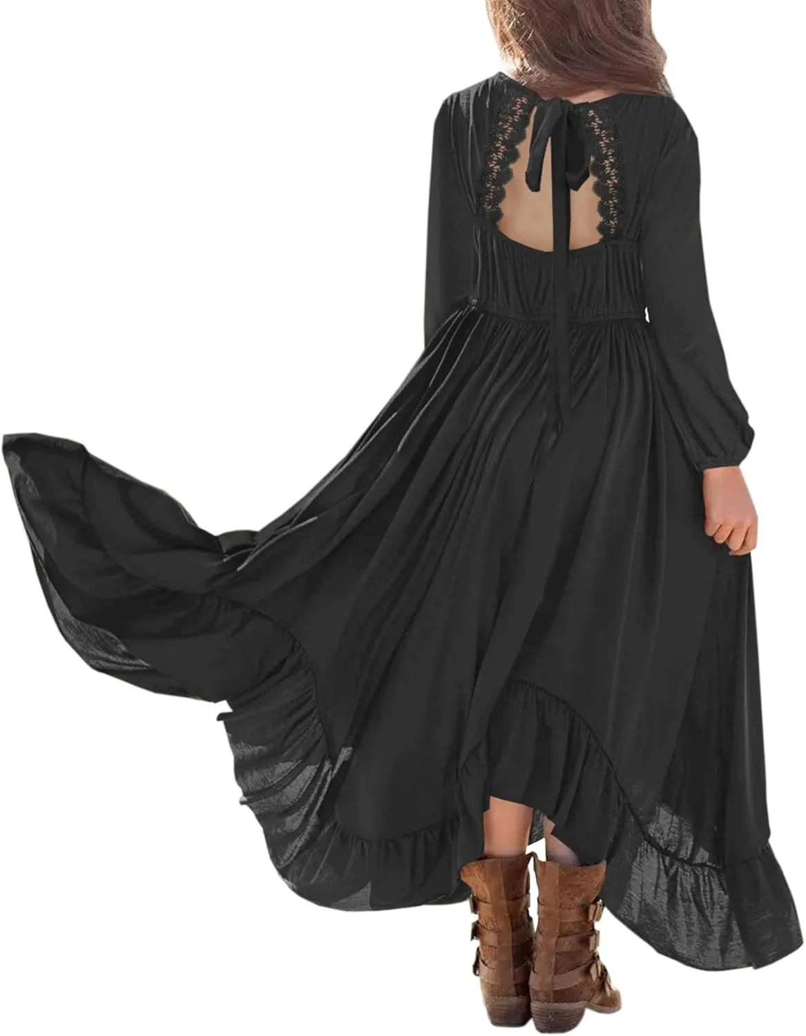 MITILLY Girls Boho Lace Flower Backless Crew Neck Long Sleeve Ruffle Swing Maxi Dress with Pockets