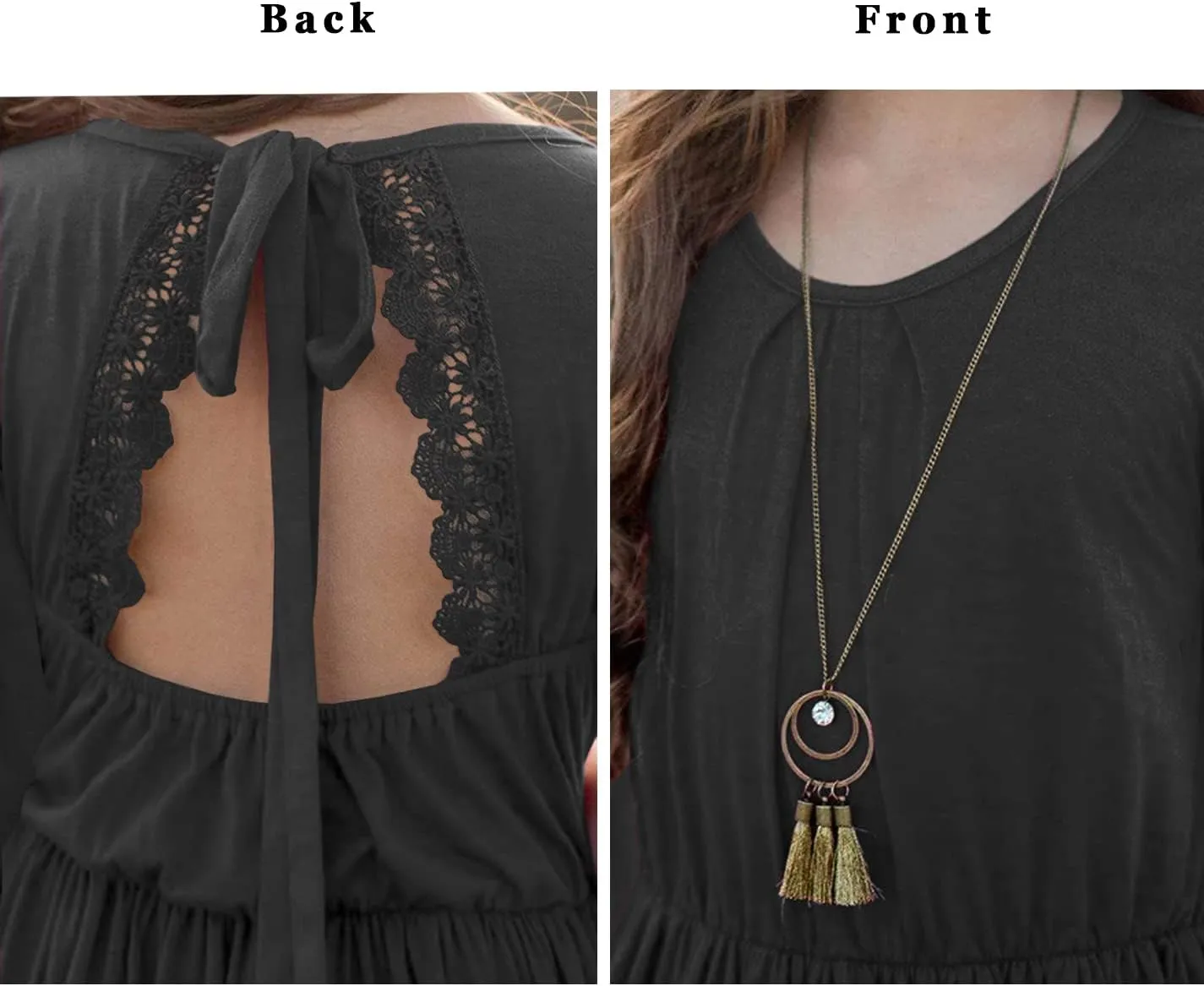 MITILLY Girls Boho Lace Flower Backless Crew Neck Long Sleeve Ruffle Swing Maxi Dress with Pockets