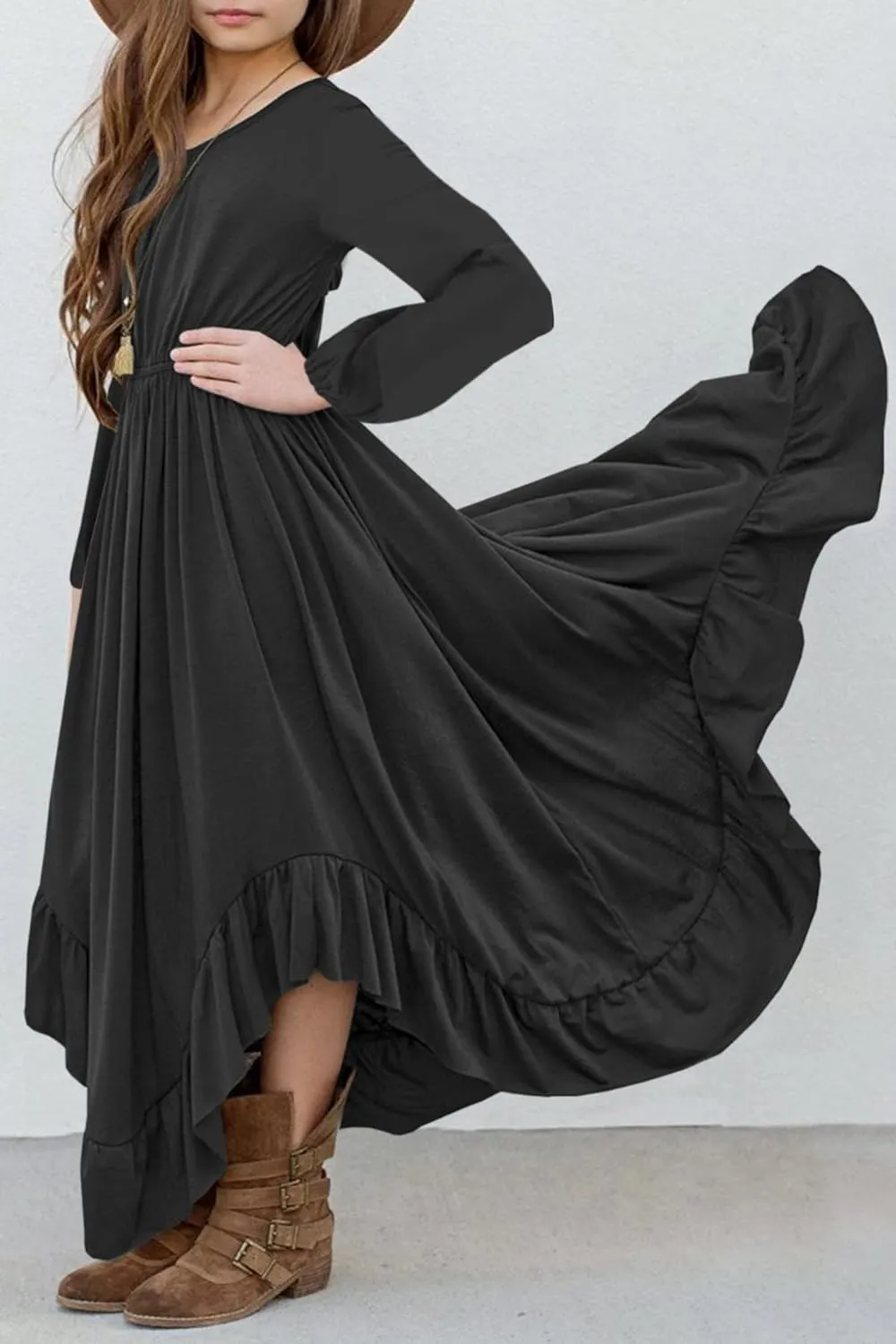 MITILLY Girls Boho Lace Flower Backless Crew Neck Long Sleeve Ruffle Swing Maxi Dress with Pockets