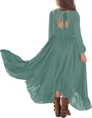 MITILLY Girls Boho Lace Flower Backless Crew Neck Long Sleeve Ruffle Swing Maxi Dress with Pockets