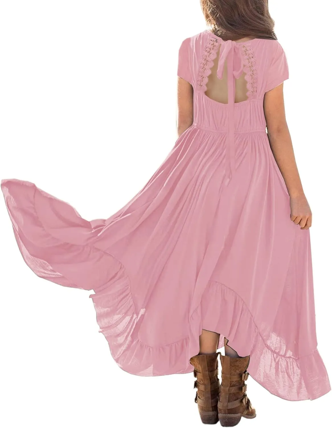 MITILLY Girls Boho Lace Flower Backless Crew Neck Long Sleeve Ruffle Swing Maxi Dress with Pockets