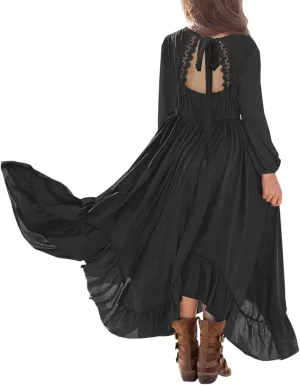 MITILLY Girls Boho Lace Flower Backless Crew Neck Long Sleeve Ruffle Swing Maxi Dress with Pockets