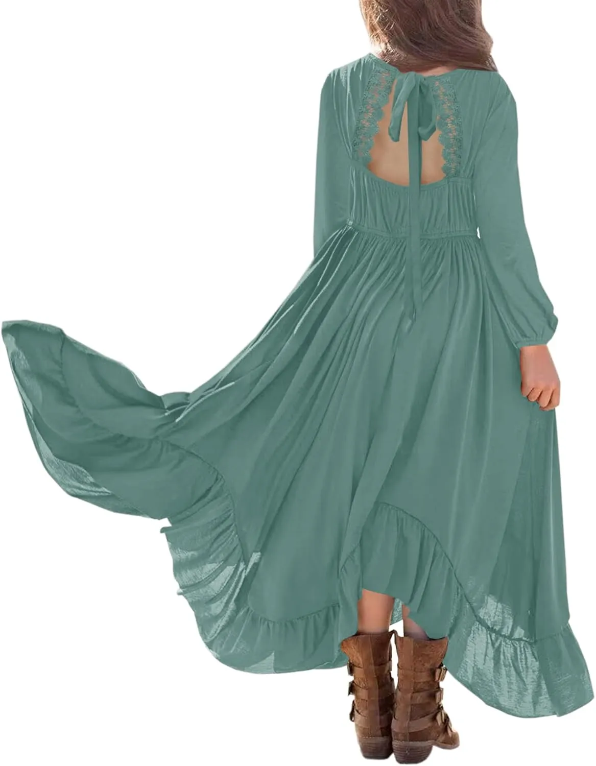 MITILLY Girls Boho Lace Flower Backless Crew Neck Long Sleeve Ruffle Swing Maxi Dress with Pockets