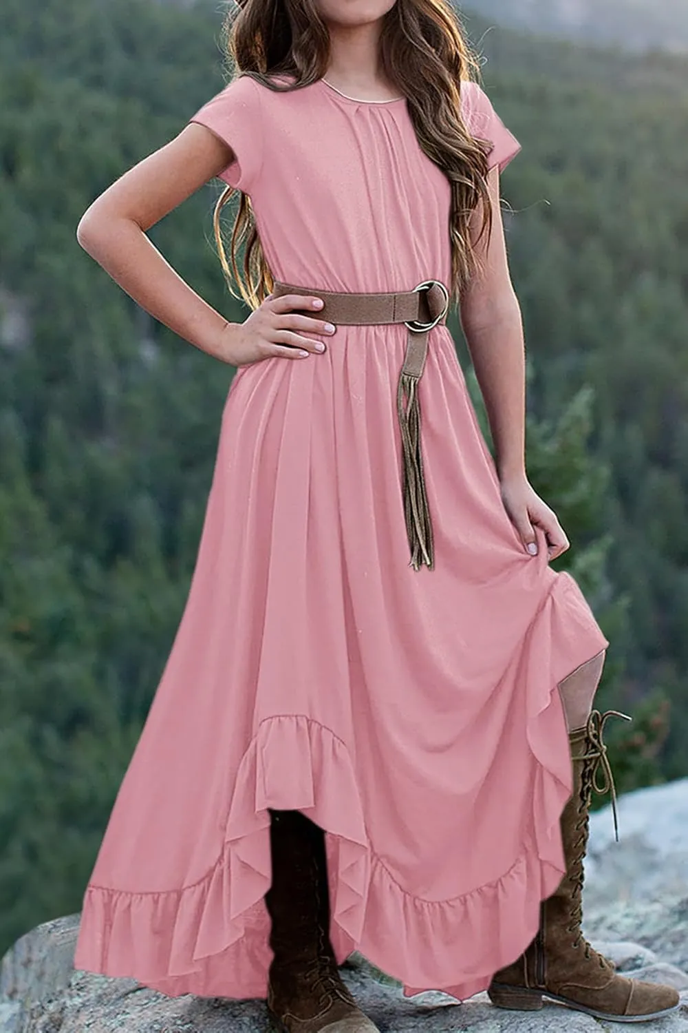 MITILLY Girls Boho Lace Flower Backless Crew Neck Long Sleeve Ruffle Swing Maxi Dress with Pockets