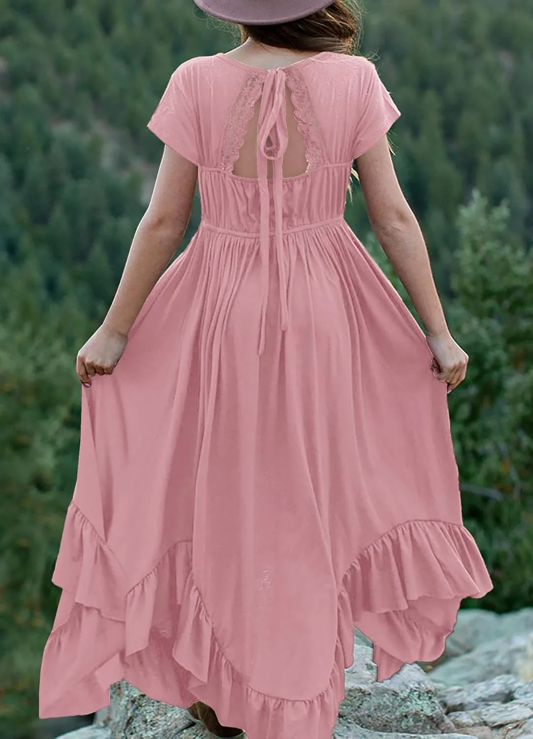 MITILLY Girls Boho Lace Flower Backless Crew Neck Long Sleeve Ruffle Swing Maxi Dress with Pockets