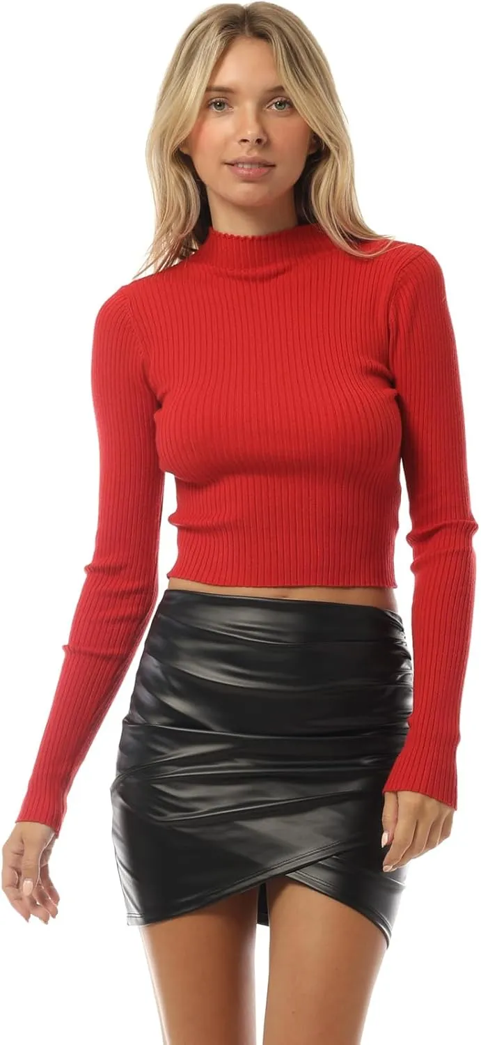 MixMatchy Women's Basic Long Sleeve Mock Neck Ribbed Sweater Fitted Crop Knit Pullover Tops