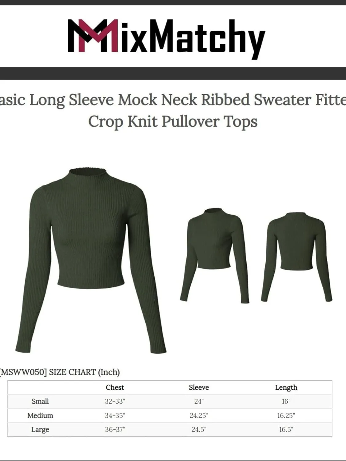 MixMatchy Women's Basic Long Sleeve Mock Neck Ribbed Sweater Fitted Crop Knit Pullover Tops