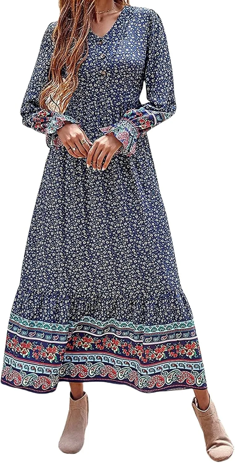 Mmoneyake Boho Dresses for Women 2024 Fall Long Sleeve V Neck Maxi Dresses High Waist Ruffle Flowy Long Dress Floral Dress
