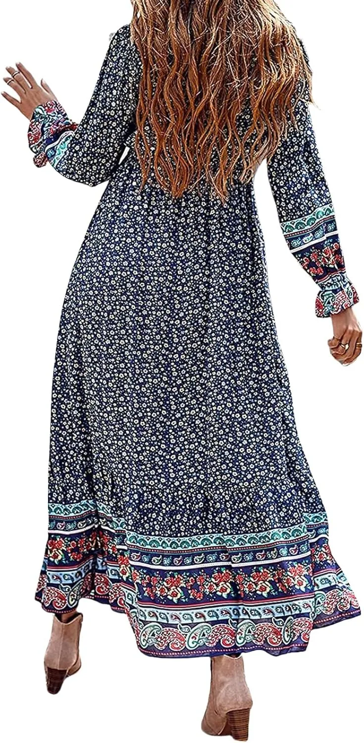 Mmoneyake Boho Dresses for Women 2024 Fall Long Sleeve V Neck Maxi Dresses High Waist Ruffle Flowy Long Dress Floral Dress