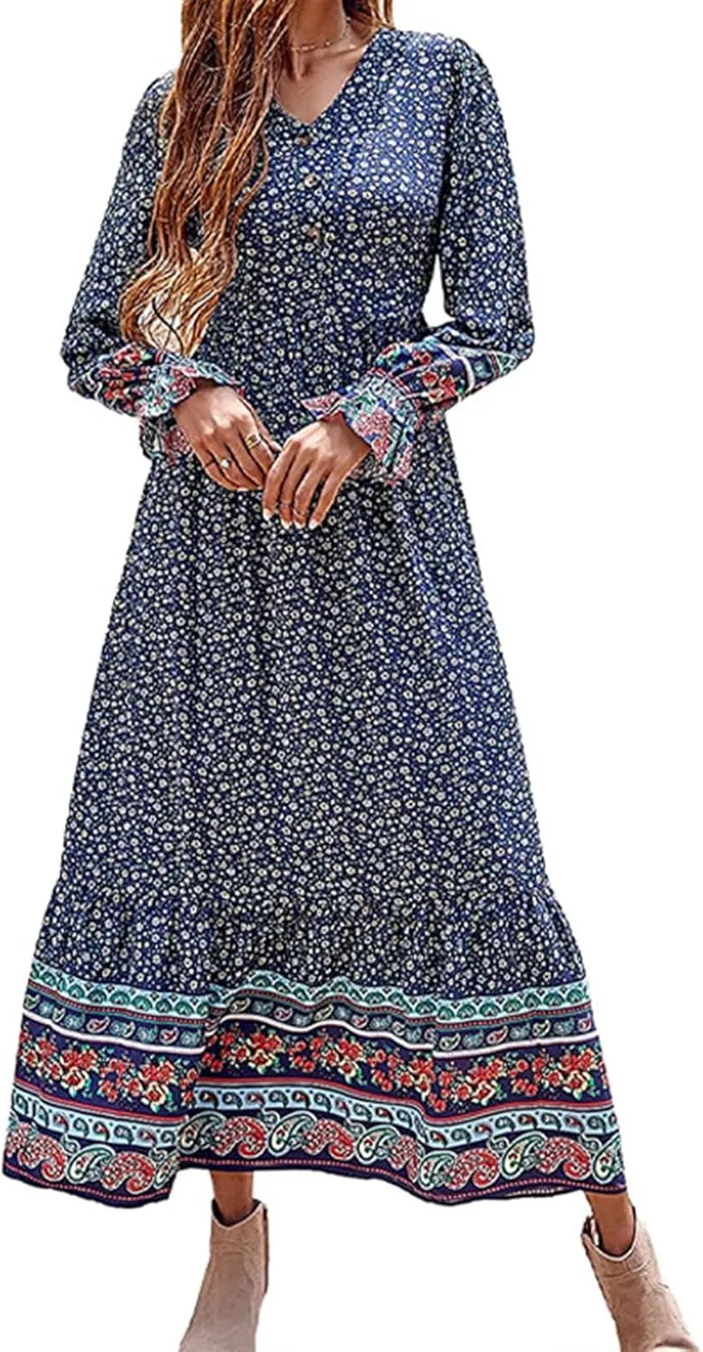 Mmoneyake Boho Dresses for Women 2024 Fall Long Sleeve V Neck Maxi Dresses High Waist Ruffle Flowy Long Dress Floral Dress