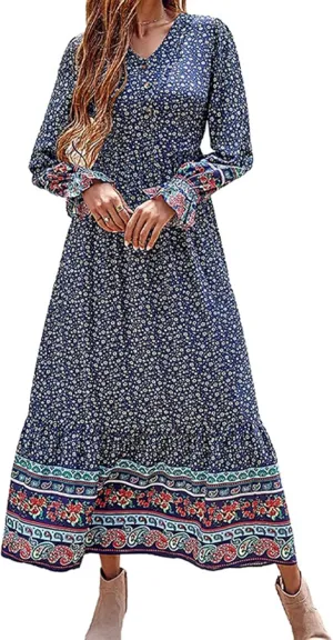 Mmoneyake Boho Dresses for Women 2024 Fall Long Sleeve V Neck Maxi Dresses High Waist Ruffle Flowy Long Dress Floral Dress