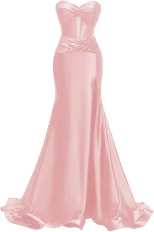 MYDRESS Strapless Satin Prom Dresses 2025 Bodycon Evening Dresses Sexy Ruched Wedding Guest Dresses for Women