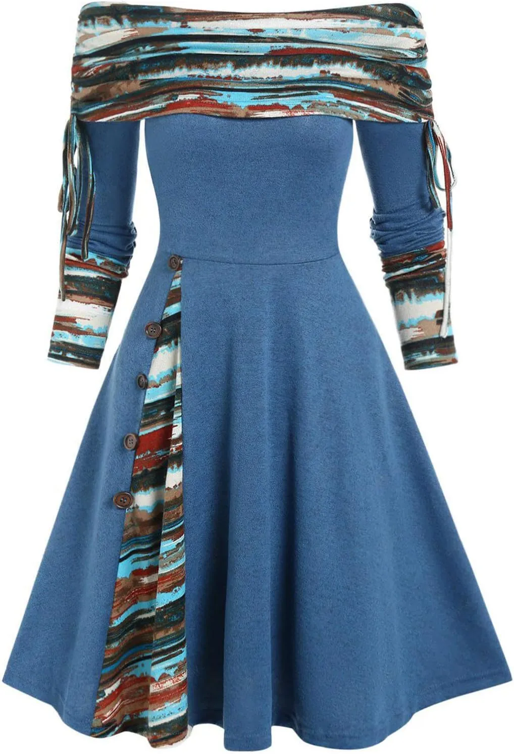 Mzkdieey Dresses for Women 2023 Off The Shoulder Drawstring Long Sleeve Western Ethnic Style Dress A-line Ruched Tunic Dress