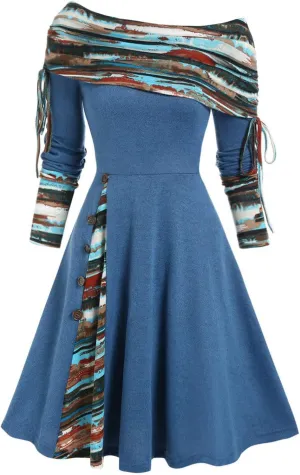 Mzkdieey Dresses for Women 2023 Off The Shoulder Drawstring Long Sleeve Western Ethnic Style Dress A-line Ruched Tunic Dress