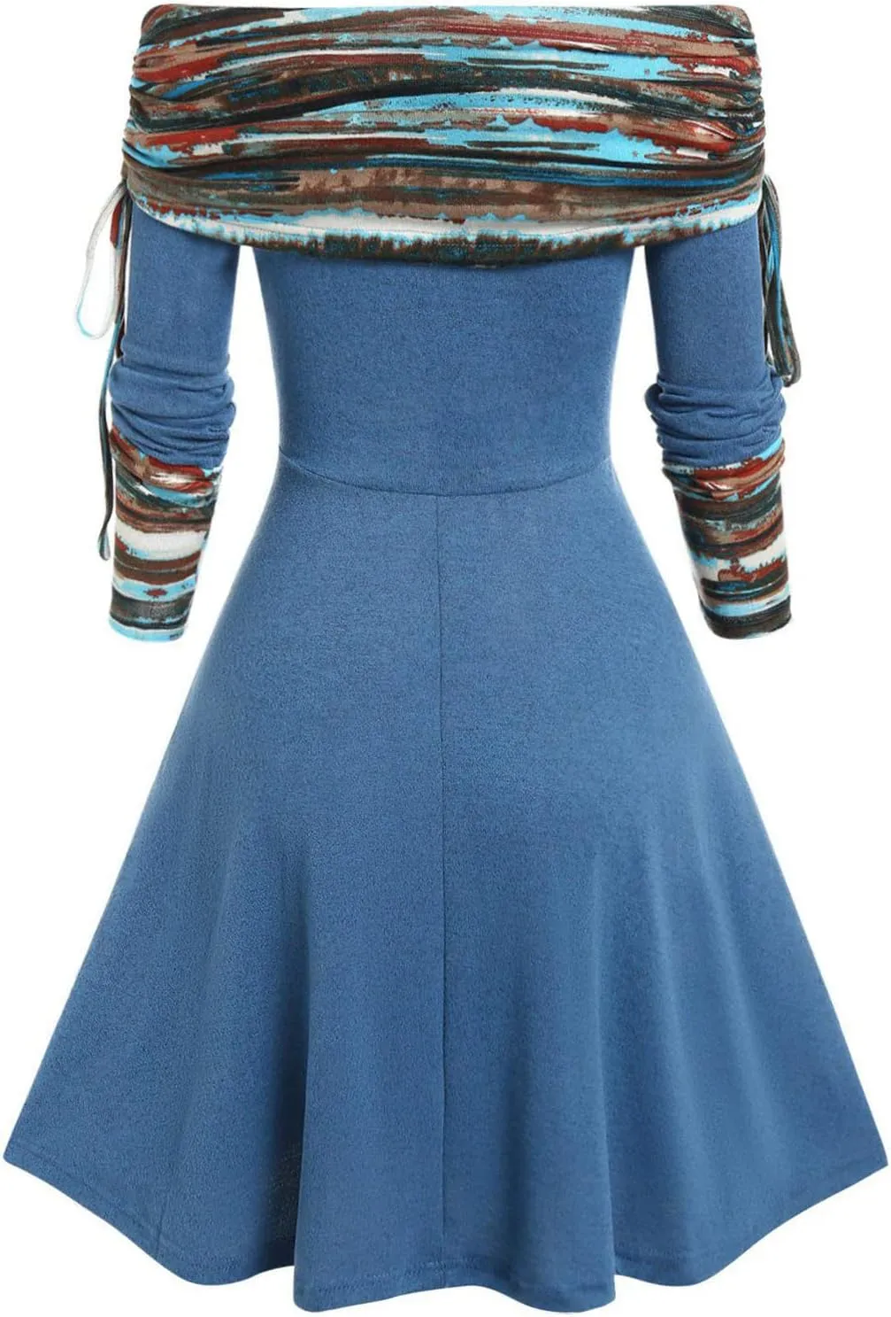 Mzkdieey Dresses for Women 2023 Off The Shoulder Drawstring Long Sleeve Western Ethnic Style Dress A-line Ruched Tunic Dress