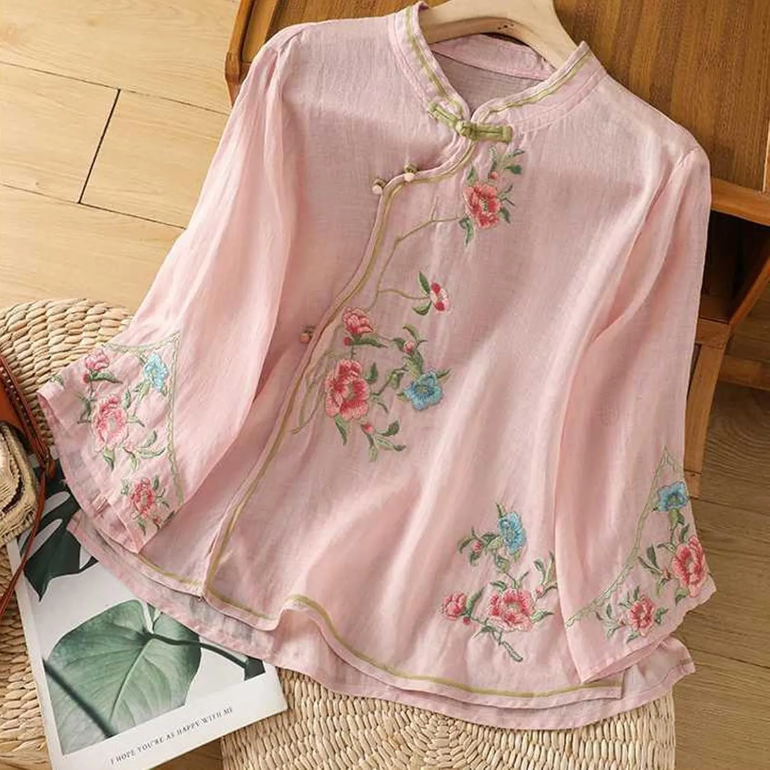 Mzkdieey Women's Cotton Linen Retro Chinese Frog Button Tops Traditional Mandarin Collar Shirts Floral Embroidered Blouse