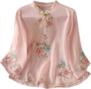 Mzkdieey Women's Cotton Linen Retro Chinese Frog Button Tops Traditional Mandarin Collar Shirts Floral Embroidered Blouse