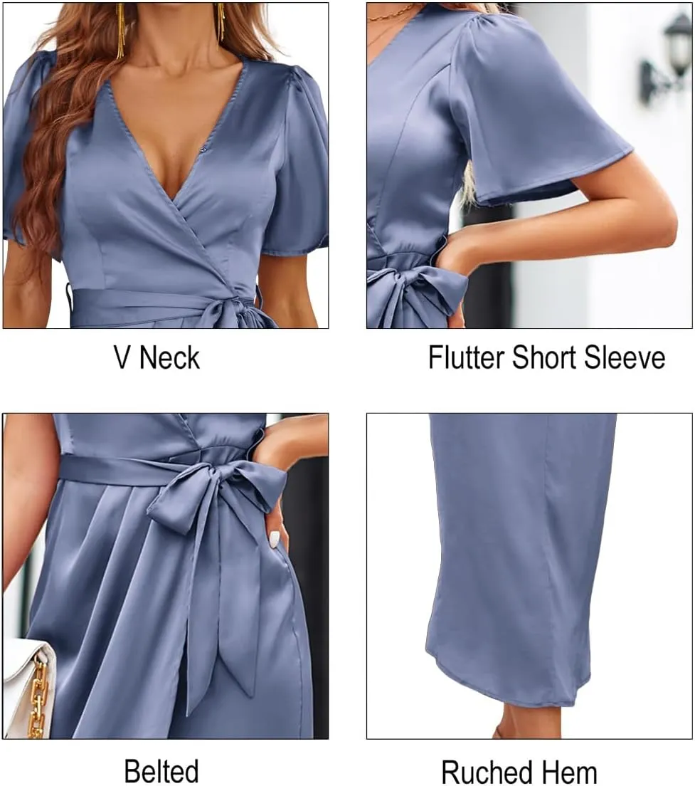 Newshows Women's 2023 Satin Short/Long Sleeve Cocktail Midi Dress Belted Ruched Slit Formal Wedding Guest Dresses