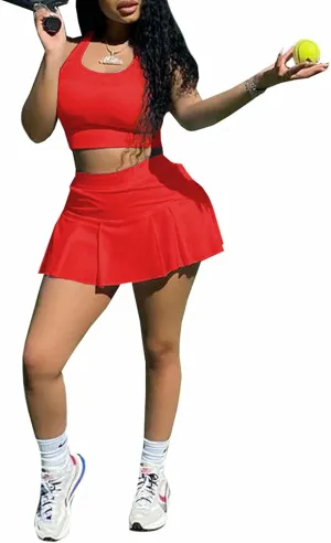 Neyaolk Womens Casual Outfits Athletic Activewear - Fitted Sleeveless Crop Top Pleated Tennis Skorts Skirts Set Tracksuit