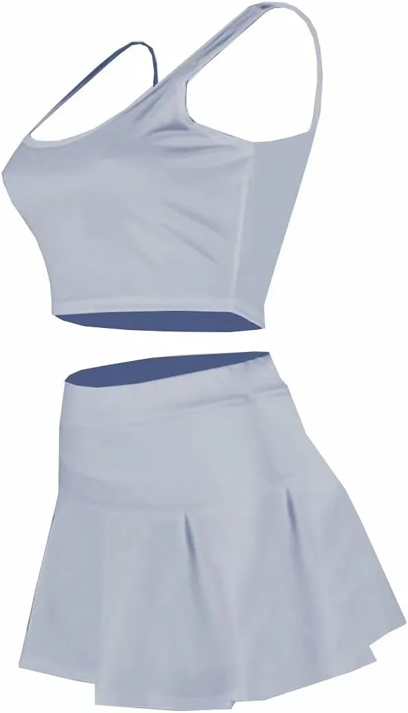 Neyaolk Womens Casual Outfits Athletic Activewear - Fitted Sleeveless Crop Top Pleated Tennis Skorts Skirts Set Tracksuit