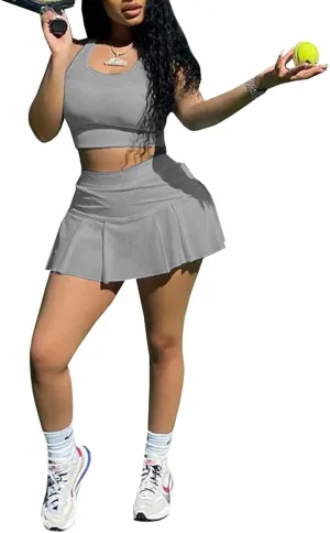 Neyaolk Womens Casual Outfits Athletic Activewear - Fitted Sleeveless Crop Top Pleated Tennis Skorts Skirts Set Tracksuit