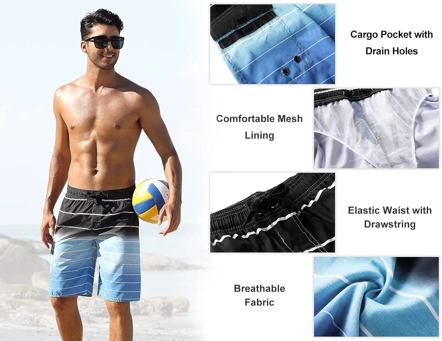 Nonwe Men's Beachwear Summer Holiday Swim Trunks Quick Dry Striped