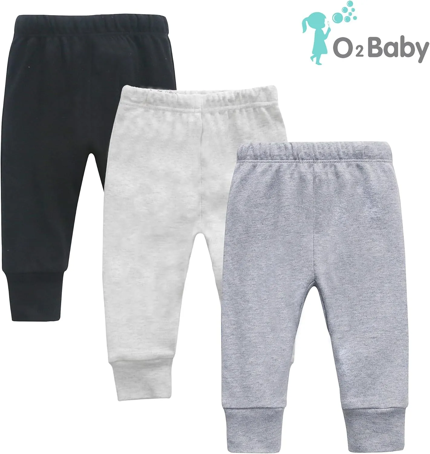 O2 BABY Organic Cotton Unisex Baby Jogger Pants, 3-Pack Pull-on Bottoms, Newborn Leggings