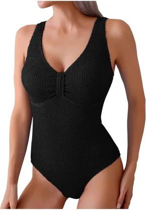 One Piece Monokini Bathing Suits Sexy V Neck Tummy Control Swimwear Solid Textured Backless Swimsuit for Women